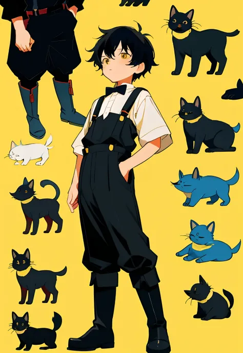 younge boy，multiple postures and expressions，Childrens book illustration style，، simple，adolable，full-color，Black boots，Black suspenders，Dark yellow hair，flatcolors，White background - no pets --niji 5