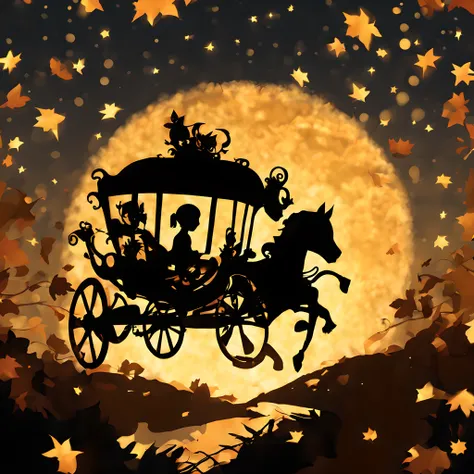 (Silhouette illustration), (silhuette), shadow picture, (Pumpkin Carriage:1.5), chibi emote, flying starry sky like a movie "ET", Like the famous scene of the movie ET、Pumpkin Carriage soars through the sky、under huge full moon, silhuette、