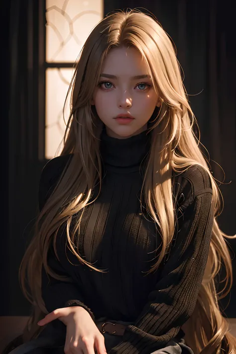 Best quality, masterpiece, ultra high res, (photorealistic:1.4), raw photo, 1girl, long hair, gold hair, detailed eyes and face, black sweater, dynamic lighting, in the dark, deep shadow, low key, cowboy shot