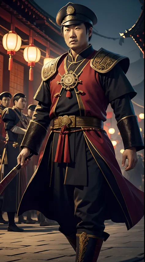 Chinese man, zheng he,admiral, adventure,epic , dark background, 15th century, walk in Crowd city