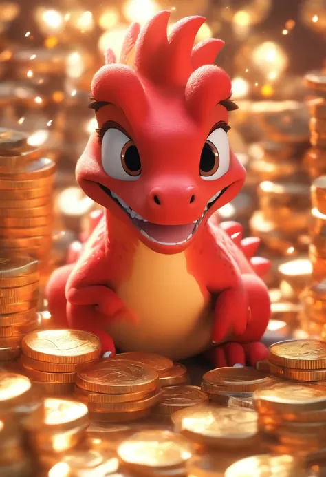 （Pixar style),A small red dinosaur，chests，Pedras preciosas、gold coins，Miniature character model, Light source from right to left, Rum lighting, Light source from right to left, Realistic proportions, Post-processing, ((Orthogonal perspective)), Super detai...