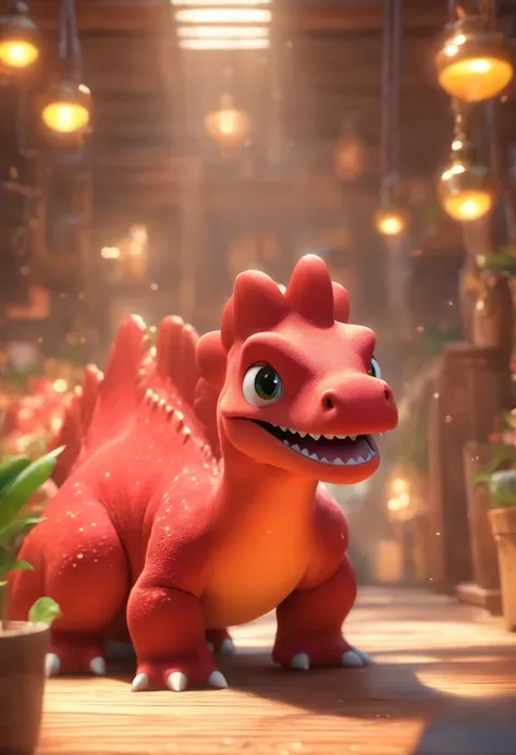 （Pixar style),A small red dinosaur，chests，Pedras preciosas、gold coins，Miniature character model, Light source from right to left, Rum lighting, Light source from right to left, Realistic proportions, Post-processing, ((Orthogonal perspective)), Super detai...