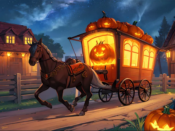 (best quality, vibrant colors:1.2, surrealistic lighting, glossy texture), Horse made of pumpkin, carriage decorated with pumpkin image, pumpkin cabin, pumpkin carriage,