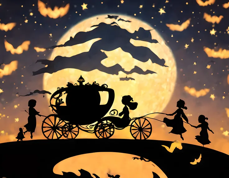 (Silhouette illustration), (silhuette), shadow picture, (Pumpkin Carriage:1.5), chibi emote, flying starry sky like a movie "ET", Like the famous scene of the movie ET、Pumpkin Carriage soars through the sky、under huge full moon, silhuette、