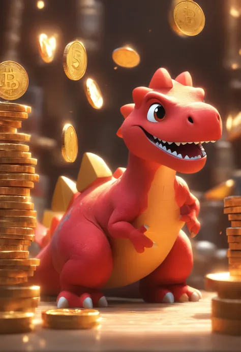 （Pixar style),A small red dinosaur，chests，Pedras preciosas、gold coins，Miniature character model, Light source from right to left, Rum lighting, Light source from right to left, Realistic proportions, Post-processing, ((Orthogonal perspective)), Super detai...