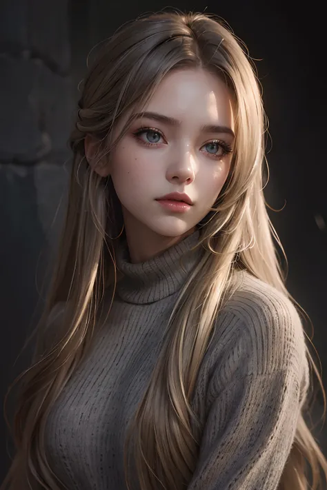 Best quality, masterpiece, ultra high res, (photorealistic:1.4), raw photo, 1girl, long hair, gold hair, detailed eyes and face, grey stone sweater, dynamic lighting, in the dark, deep shadow, low key, cowboy shot