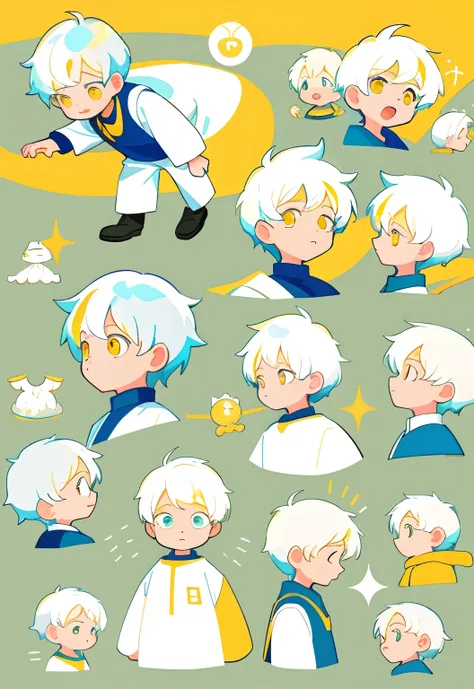 younge boy，multiple postures and expressions，White color hair，Golden eyes，Childrens book illustration style，، simple，adolable，full-color，flatcolors，