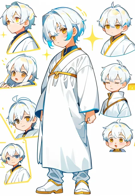 younge boy，multiple postures and expressions，white color hair，Golden eyes，white  clothes，Childrens book illustration style，، simple，adolable，full-color，flatcolors，