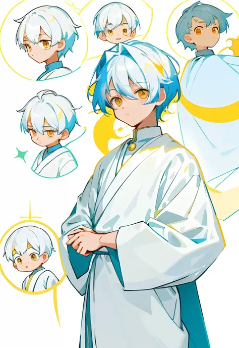 younge boy，multiple postures and expressions，white color hair，Golden eyes，white  clothes，Childrens book illustration style，، simple，adolable，full-color，flatcolors，