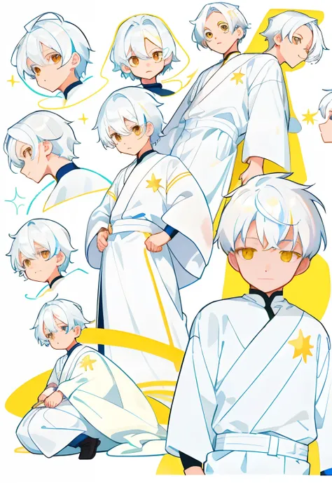 younge boy，multiple postures and expressions，white color hair，Golden eyes，white  clothes，Childrens book illustration style，، simple，adolable，full-color，flatcolors，