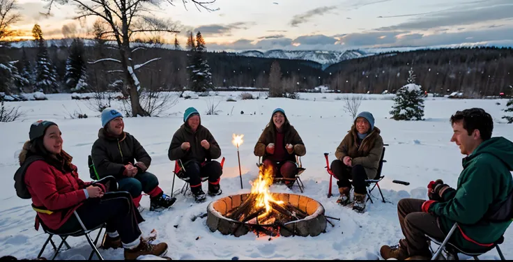 Several people sat around a campfire in the snow, Talk around the fire, Outdoor bonfire pit, hiking clothes, fire lit, campfire in background, in an igloo, bonfires, at a campfire in the forest, afternoon hangout, group of people, warm features, There are ...