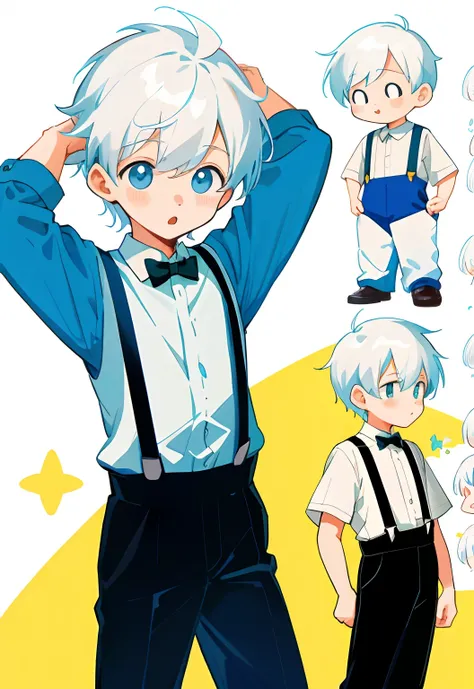 younge boy，multiple postures and expressions，Childrens book illustration style，، simple，adolable，full-color，Black suspenders，white color hair，flatcolors，