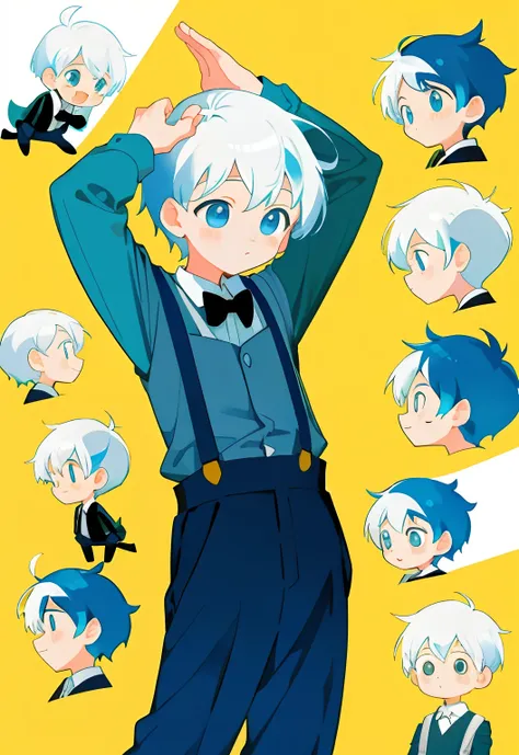 younge boy，multiple postures and expressions，Childrens book illustration style，، simple，adolable，full-color，Black suspenders，white color hair，flatcolors，