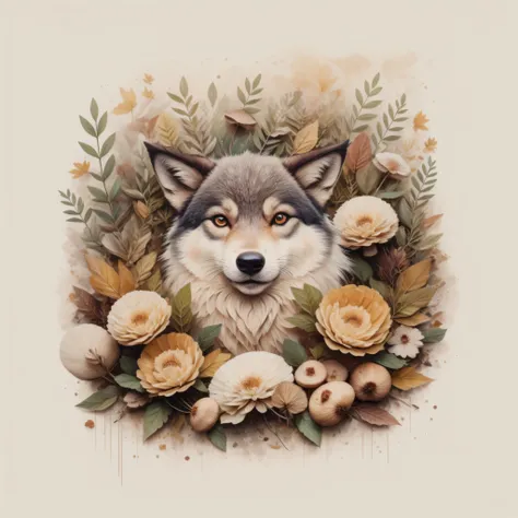 Theres a wolf in a pile of leaves and mushrooms, conejo caprichoso, Ethereal Wolf, por Jeka Kemp, Beautiful autumn spirit, autumn, Wolf illustration, por Andrée Ruellan, lindo lobo, por Caroline Chariot-Dayez, Animal conejo, Teniente Zofia Stryjenska, El e...