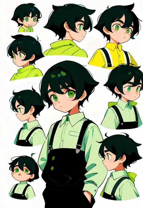 younge boy，multiple postures and expressions，Childrens book illustration style，، simple，adolable，full-color，Black suspenders，Black color hair，Green eyes，flatcolors，