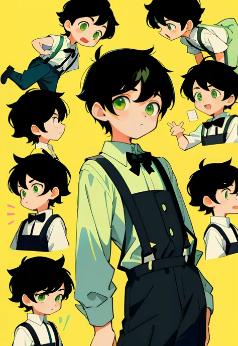 younge boy，multiple postures and expressions，Childrens book illustration style，، simple，adolable，full-color，Black suspenders，Black color hair，Green eyes，flatcolors，