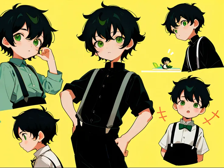 younge boy，multiple postures and expressions，Childrens book illustration style，، simple，adolable，full-color，Black suspenders，Black color hair，Green eyes，flatcolors，