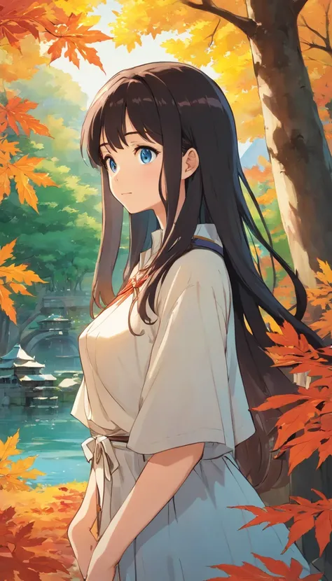 comic strip，A beautiful navel is visible,1girll, against_tree, aki_shizuha, irate_vein, Autumn, Autumn_Leaves, Bangs, Bare_tree, Blue_Eyes, blunt_Bangs, branch, Night, Dress, Falling_Leaves, forest, ginkgo_fronds, Holding_fronds, lake, fronds, fronds_Backg...