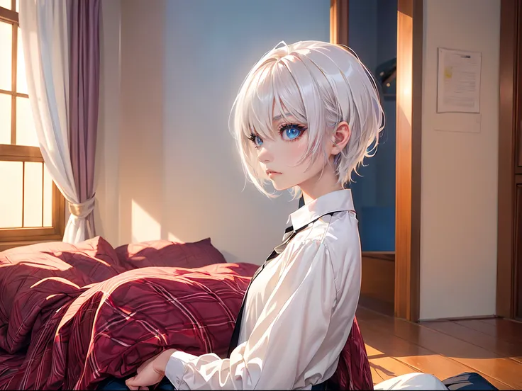 ((4K works))、​masterpiece、(top-quality)、One Beautiful Girl、Slim body、tall、((Black Y-shirt and white pants、Charming street style))、(Detailed beautiful eyes)、Bedroom in the evening、((Sunlight leaking through the window))、Shot in the bedroom、Sunset through th...