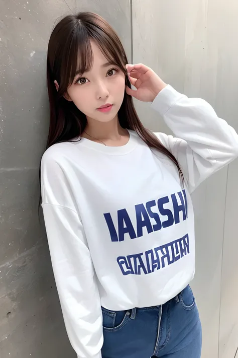 Ordinary woman in plain clothes、Harsh flash photography、[photos realistic]!!,Candid flash photography、magnifica、Masa Nakayama、flash photo、Sui Ishida、Do not copy hands、adult lady、White wall background、Photo from the front、Promotional photos、Cute clothes、Bea...