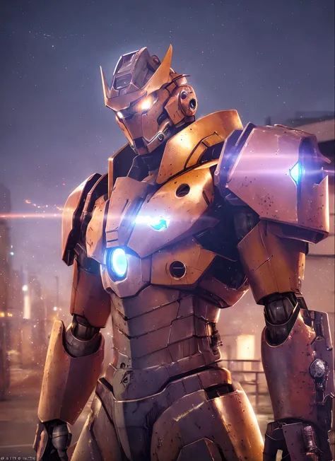 Portrait photo of an alpha male, perfect eyes, in a worn mecha suit, intricate, (steel metal [rust]), elegant, sharp focus, photo by greg rutkowski, soft lighting, vibrant colors, masterpiece, ((streets)), cowboy shot, dynamic pose,