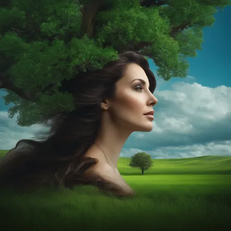 head portrait，blue open sky，The tree，Green steppe