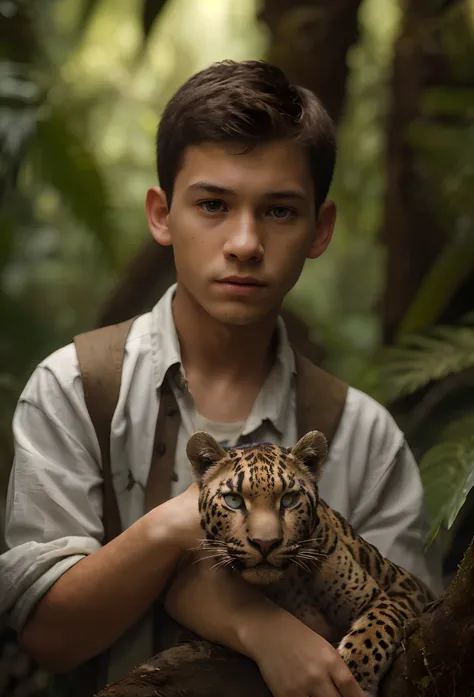 14 year old boy holding a big panther，in a jungle environment，Depth of field，High Light，real light，ray traced，OC Renderer，UE5 Renderer，Hyper-realistic，beste-Qualit，8K，works of masters，Super-slim;，Detailed pubic hair，Correct anatomy