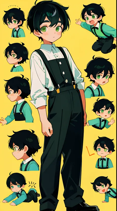 younge boy，multiple postures and expressions，Childrens book illustration style，، simple，adolable，full-color，Black suspenders，Black color hair，Green eyes，flatcolors，