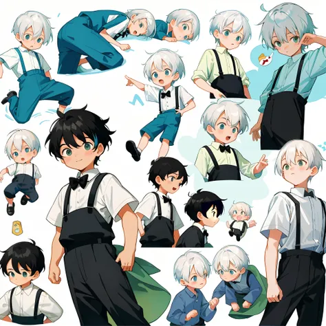 younge boy，multiple postures and expressions，Childrens book illustration style，، simple，adolable，full-color，Black suspenders，White color hair，flatcolors，