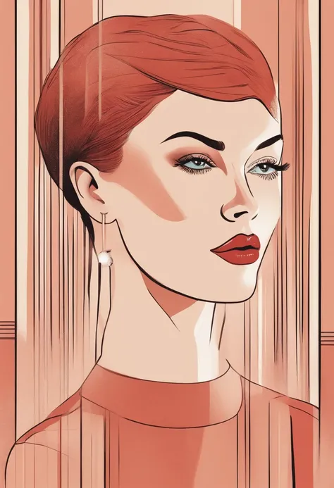 Illustration of a woman with a rather short red square haircut, slightly swarthy skin and two small moles above the lip. Elle marche dans une ville avec divers objets, Editorial illustration pastelcolor, Dans le style de James Gillard, Style dillustration,...