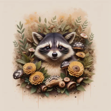 Theres a raccoon in a pile of leaves and mushrooms, conejo caprichoso,Ethereal Raccoon, por Jeka Kemp, Beautiful autumn spirit, autumn, Raccoon illustration, por Andrée Ruellan, lindo mapache, por Caroline Chariot-Dayez, Animal mapache, Teniente Zofia Stry...