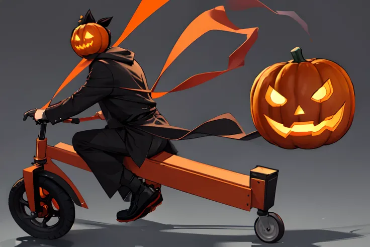 A man wearing all-black tights with a jack-o-lantern on his head and his face hidden, wheels fixed to his hands and feet, and a large jack-o-lantern on his back.
connected to a horse