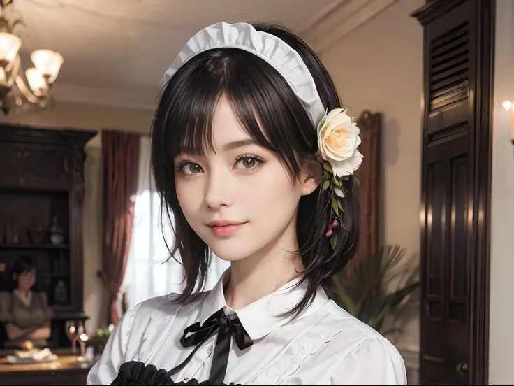 09
(Black Shorthair:1.3), (a 20 yo woman), (A hyper-realistic), (masutepiece), (8KUHD), Beautiful woman, A smile, (Floral Maid Clothing:1.2), wide々and luxurious entrance, Stand in a room with a large depth, (Focus on the face:1.23)