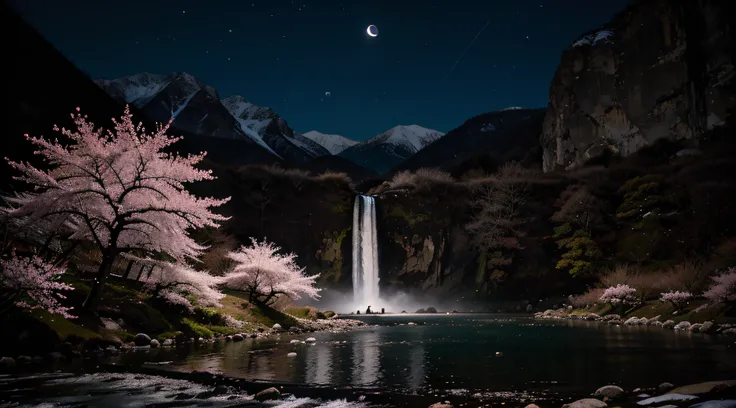 Lonely standing sakura in the mountains near waterfall under the light of the silvery moon