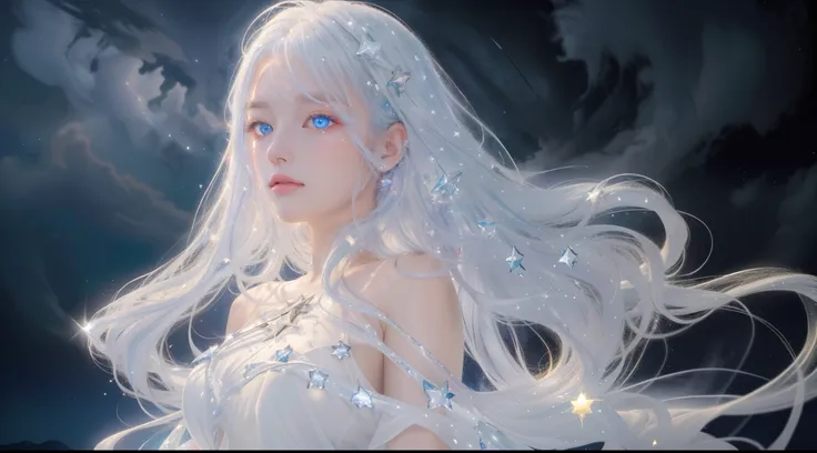 masterpiece, best quality,a high resolution, 1girll, long_white_hair, stars in eyes, see_through, (((shimmering dazzling lightin...