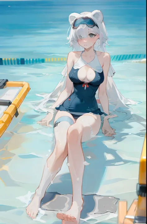 PolarCatcher, Bigboobs,(White knee-length stockings),Barefoot,No shoes on,Deep V one-piece swimsuit,(((swim wears))),underwear, Seaside, Ocean,Bare shoulders,Superskirt