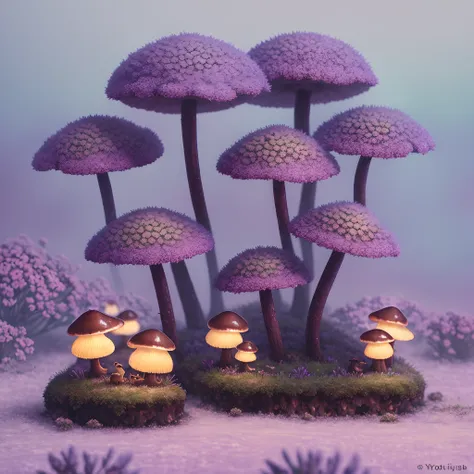 a cozy vintage little cute fungus oil painting, on the icy planet, in a. lavender smog, octane rendering of weta numbers, exotic...