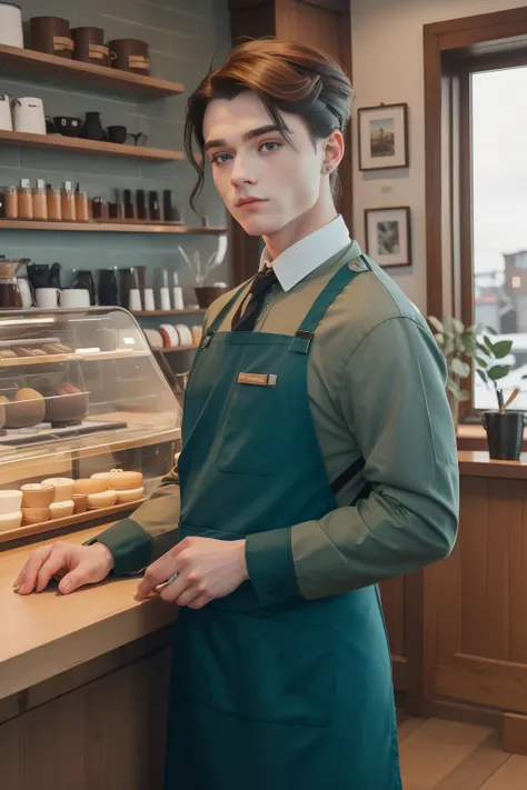 year: 2023. Location: Sweden. Pre-Raphaelite winter scene with a 20-year-old gay boy with eye shadow, working in a coffee shop, apron, ((((Clothing from the 2020s, jersey)))) ((Hairstyle of the 2020s)), ((("OMITB" cinematography)))