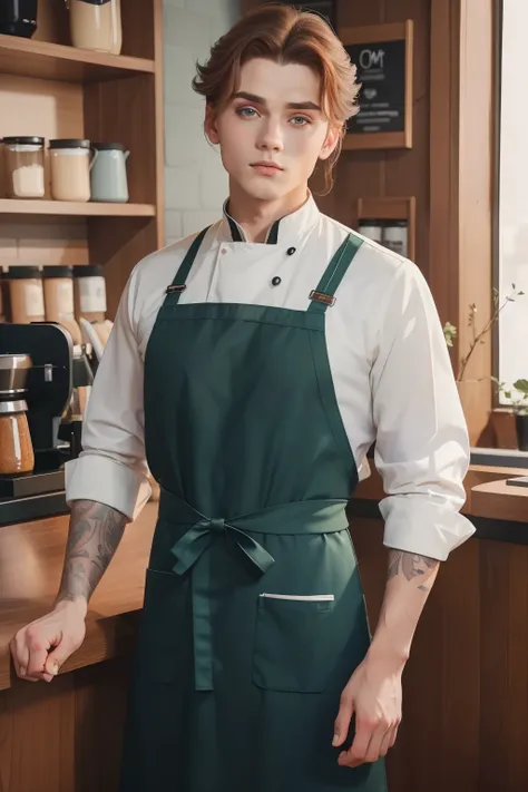 year: 2023. Location: Sweden. Pre-Raphaelite winter scene with a 20-year-old gay boy with ((eye shadow)), working in a coffee shop, apron, ((((Clothing from the 2020s, jersey)))) ((Hairstyle of the 2020s)), ((("OMITB" cinematography)))