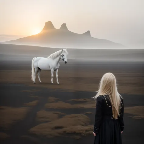 There was a woman standing in the field with a horse, in a surreal dream landscape, amazing alien landscape, Surreal photo, stunning alien landscape, Surreal photography, sci-fi of iceland landscape, on another planet, Beautiful alien landscape, an alien l...