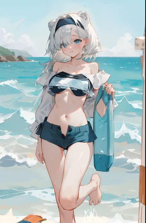 Cowboy shot,Bigboobs,Barefoot,(((swim wears))),underwear, Seaside, Ocean off-the-shoulder miniskirt