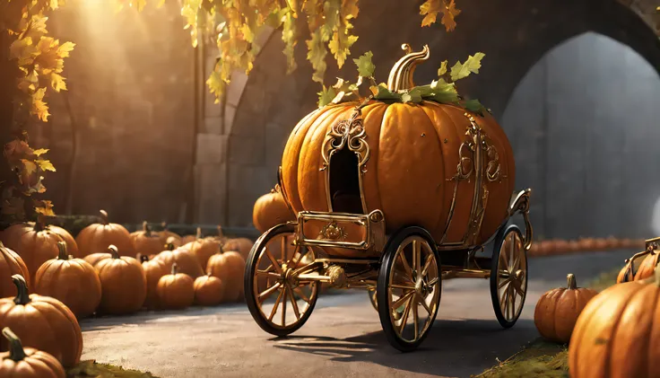 (a close up of a pumpkin carriage in a tunnel :1.5), beautiful render of a fairytale, scary magical background, carriage made of pumpkins, halloween scene, enchanted magical fantasy forest, realistic fantasy illustration, fairy tale style background, fanta...