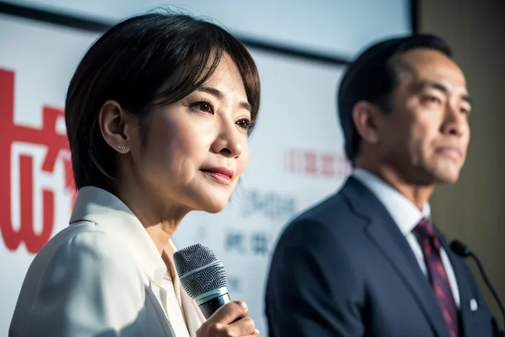 japanes、asian human、Holding the microphone in her hand、Speak with your mouth open、looking left、Suits、Female in her 60s、Wrinkles around the eyes、Authoritative face、press conference、Body and head straight in the photo、DSRL、Facing the viewer of the photo、The ...