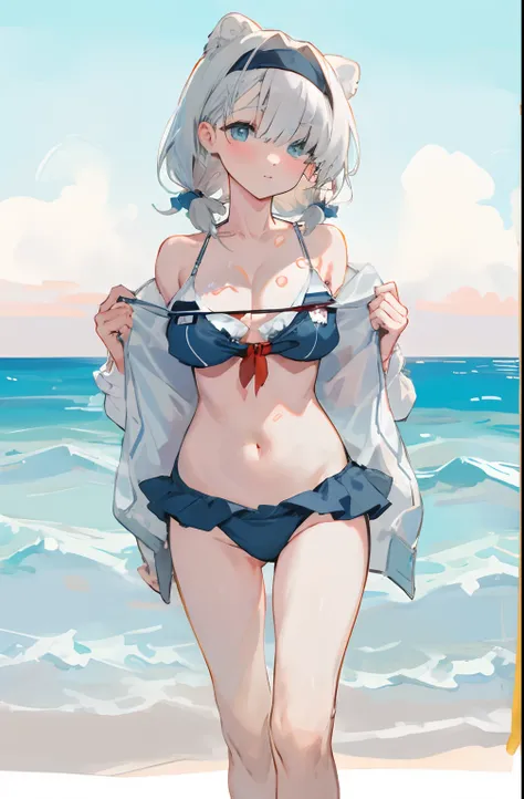 Cowboy shot,Bigboobs,Barefoot,(((swim wears))),underwear, Seaside, the ocean,Off-the-shoulder miniskirt