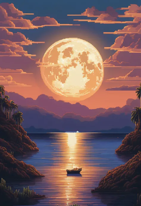 Pixel art of giant moon rising over calm sea, beautiful detailed pixel art, detailed pixel art, Lo-fidel retro video games, Concept Pixel Art, detailed pixel artwork, Pixel art style, pixel town, Pixel Art Animation, High-quality pixel art, Dolphins jump o...