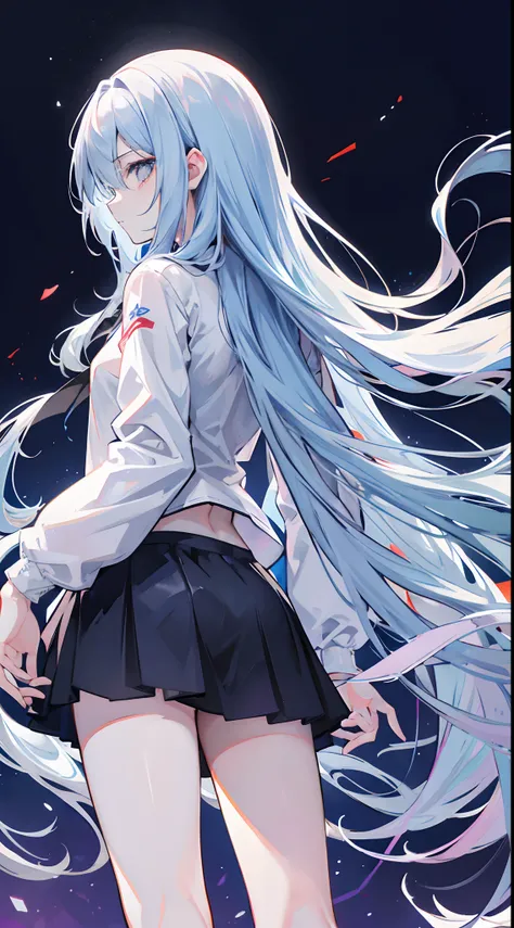 Light blue jagged long hair，The hair curtain is long，The hair curtain covers one eye，Hair slightly upturned，Gray eye，The eyes are shining，Girls of medium stature，There is a flower on the head，Sunset in the empty countryside，Holding a lit fireworks stick in...