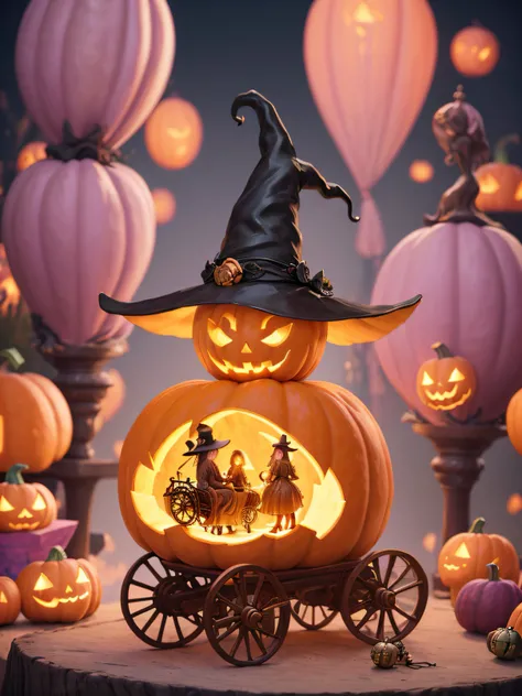 (masterpiece) an enchanted pumpkin in the shape of a carriage with a witch hat. sculptures of magnificent ornaments. enchanting, pastel color, dim light.  (depth of field, best quality, digital art, ultra detailed)