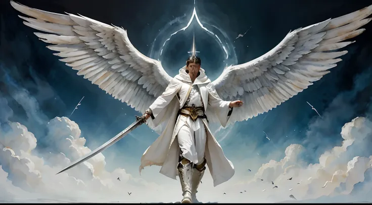 army of male angels, white robes and amor, full body image, white wings, holding a sword, powerful, foreboding, elegant, watercolor, high quality, painting, dark fantasy, conceptual art