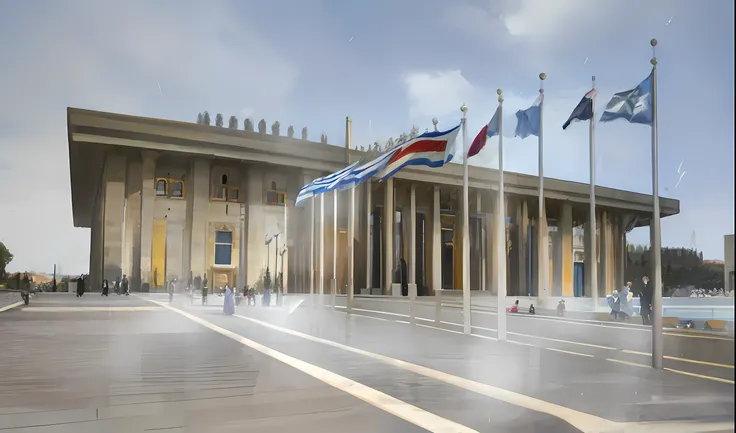 flags are flying in front of a building with a sky background, by Israel Tsvaygenbaum, israel, wonderful masterpiece, parliament, jerusalem, by Nele Zirnite, by Elias Goldberg, inspired by Israel Tsvaygenbaum, 🚿🗝📝, palast der republik in berlin, museum, by...