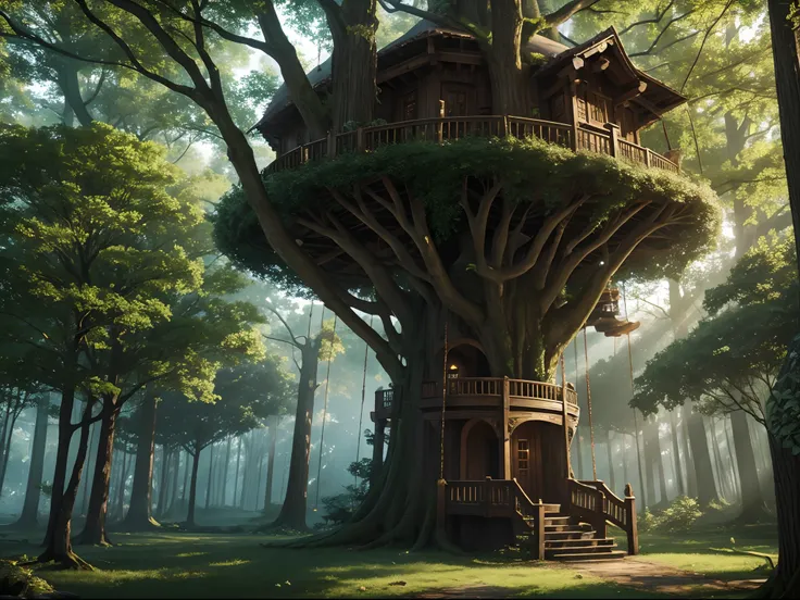 A huge tree in a primeval forest，There is a tree house in the middle of the tree，There is a sexy elf woman in the tree house，Play，high definition detail，4K，Ray traching